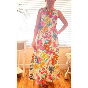 Kalama Fashions Vintage Mod Maxi Dress Hawaiian Bright Floral Ladies Size Small